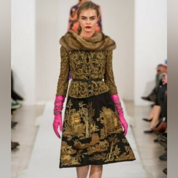 ◇$4,700 OSCAR DE LA RENTA BLACK SILK GOLD LANDSCAPEEMBROID RUNW DRESS US L